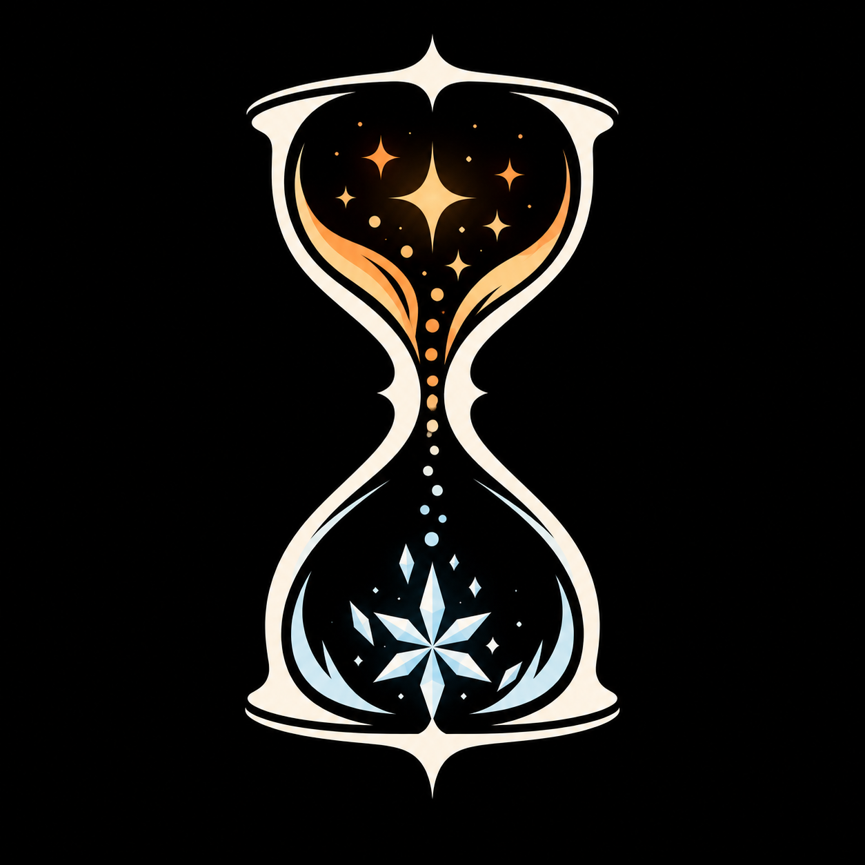 An ivory hourglass filled with amber stars and ice-blue crystals